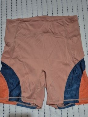 Fabletics Peach High-Waist Bike Shorts with Navy and Orange Panels